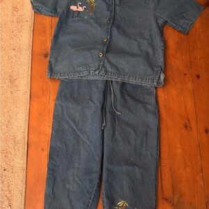 Denim Two-Piece Set with Pink Flamingo Embroidery